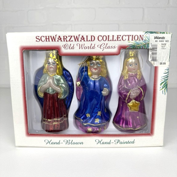 1998 NOS Schwarzwald Hand Painted Glass Christmas Ornaments 3 Blonde Angels 5.5" - Picture 1 of 9